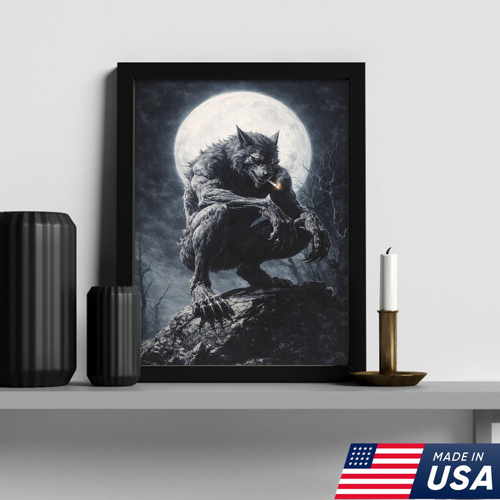 Dark Werewolf Moon Canvas Wall Art, Gothic Fantasy Wolf Illustration