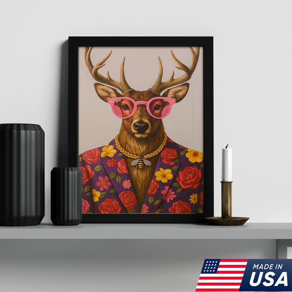 Funny Deer Wall Art Canvas – Stylish Hunter Canvas with Floral Suit & Sunglasses