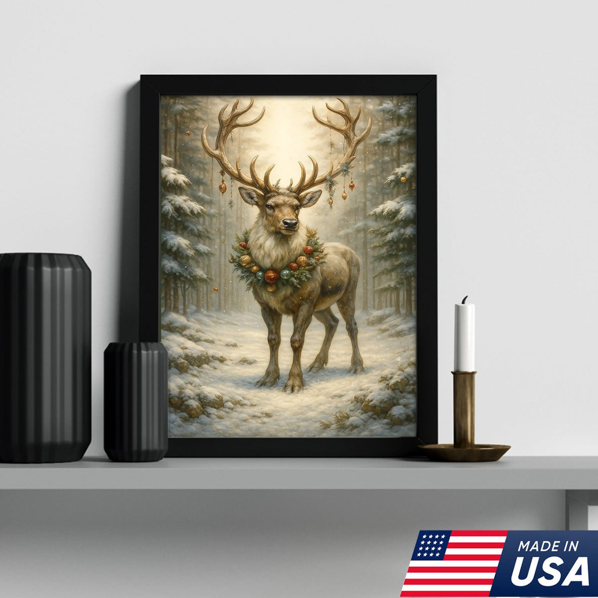 Christmas Reindeer Canvas Wall Art, Majestic Deer with Ornament Wreath in Snowy Forest
