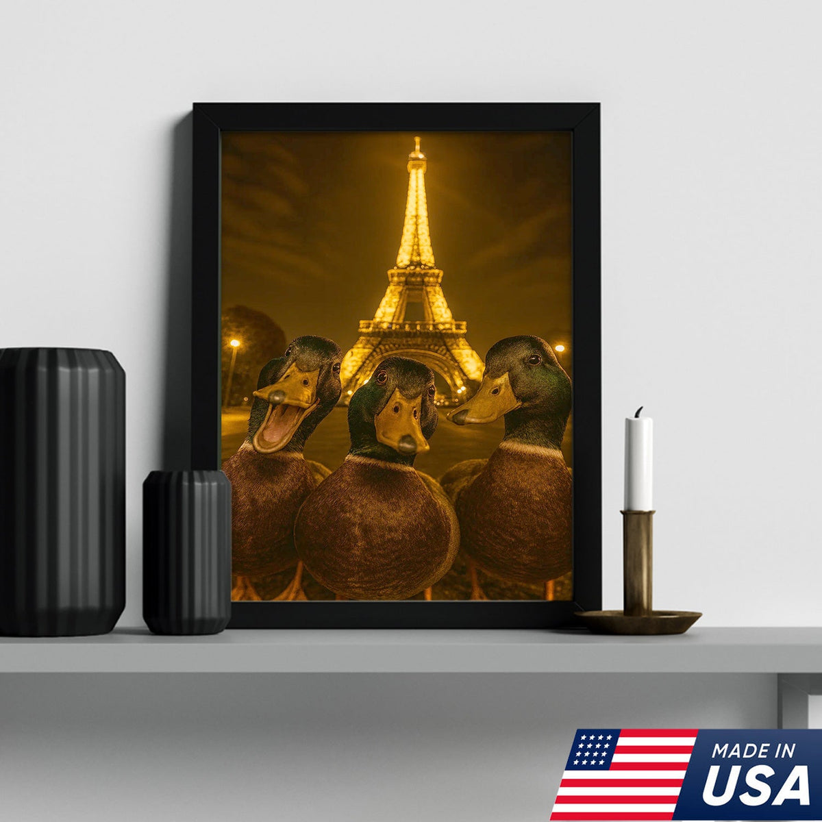 Paris Duck Selfie Canvas – Funny Three Ducks at Eiffel Tower, Hilarious Travel-Themed Wall Art