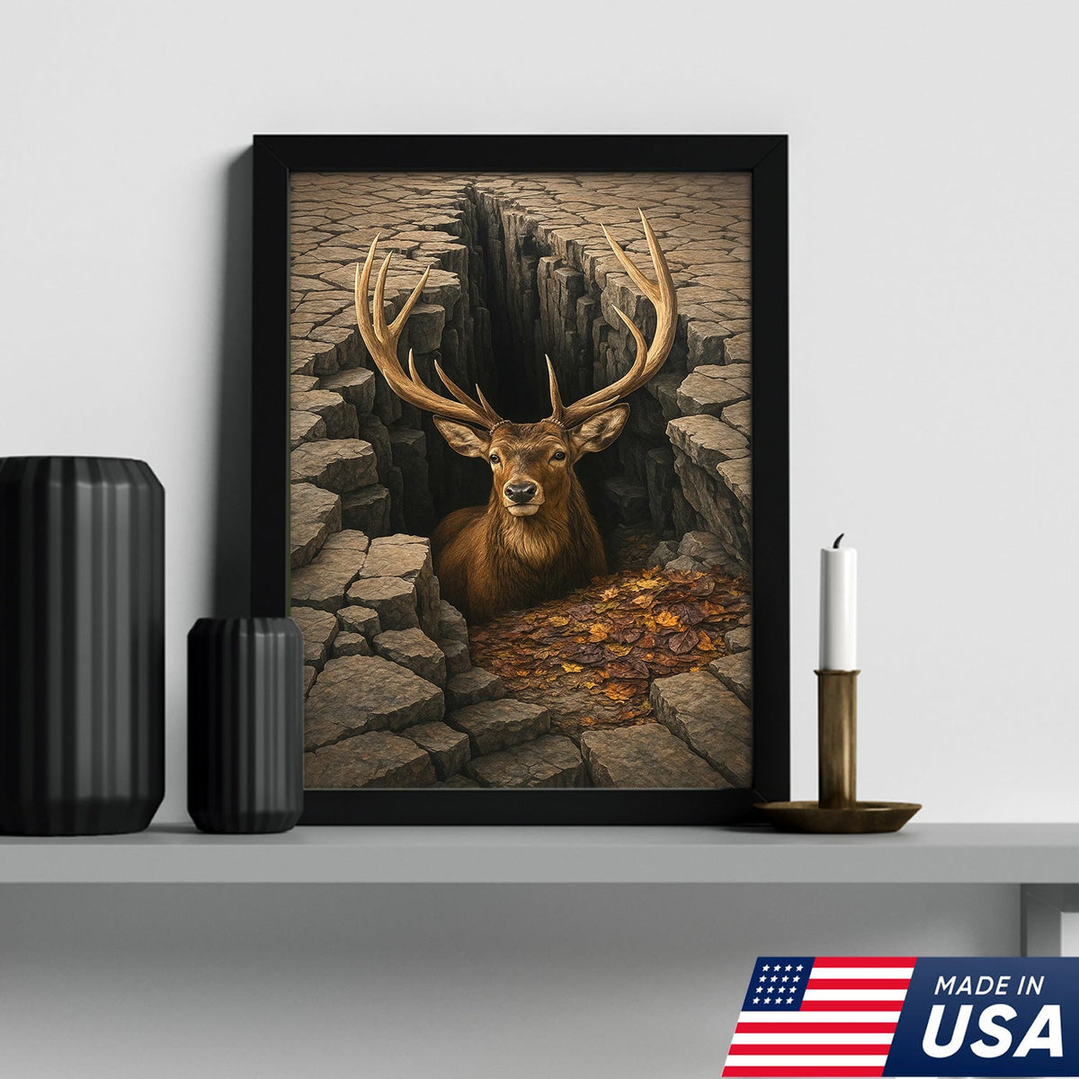 Epic Deer Canvas Art – Majestic Buck Emerging from Cracked Earth