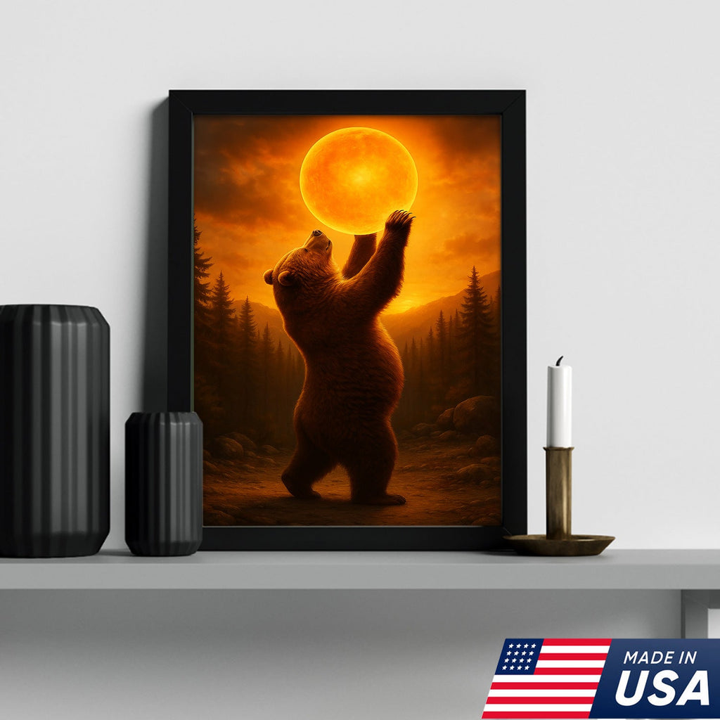 Bear Holding the Sun Canvas Art – Sunset Wilderness Wall Decor for Cabin & Home