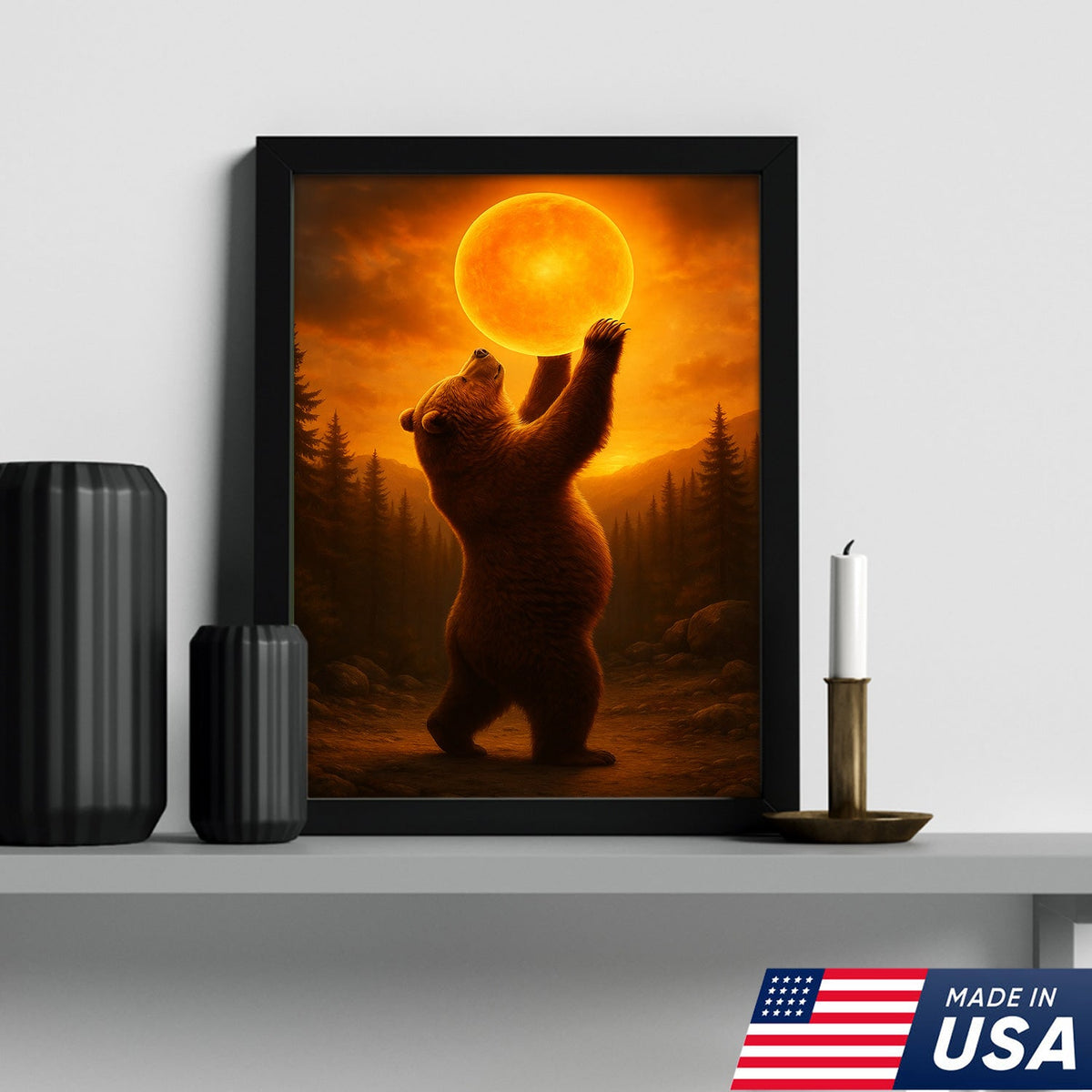 Bear Holding the Sun Canvas Art – Sunset Wilderness Wall Decor for Cabin & Home