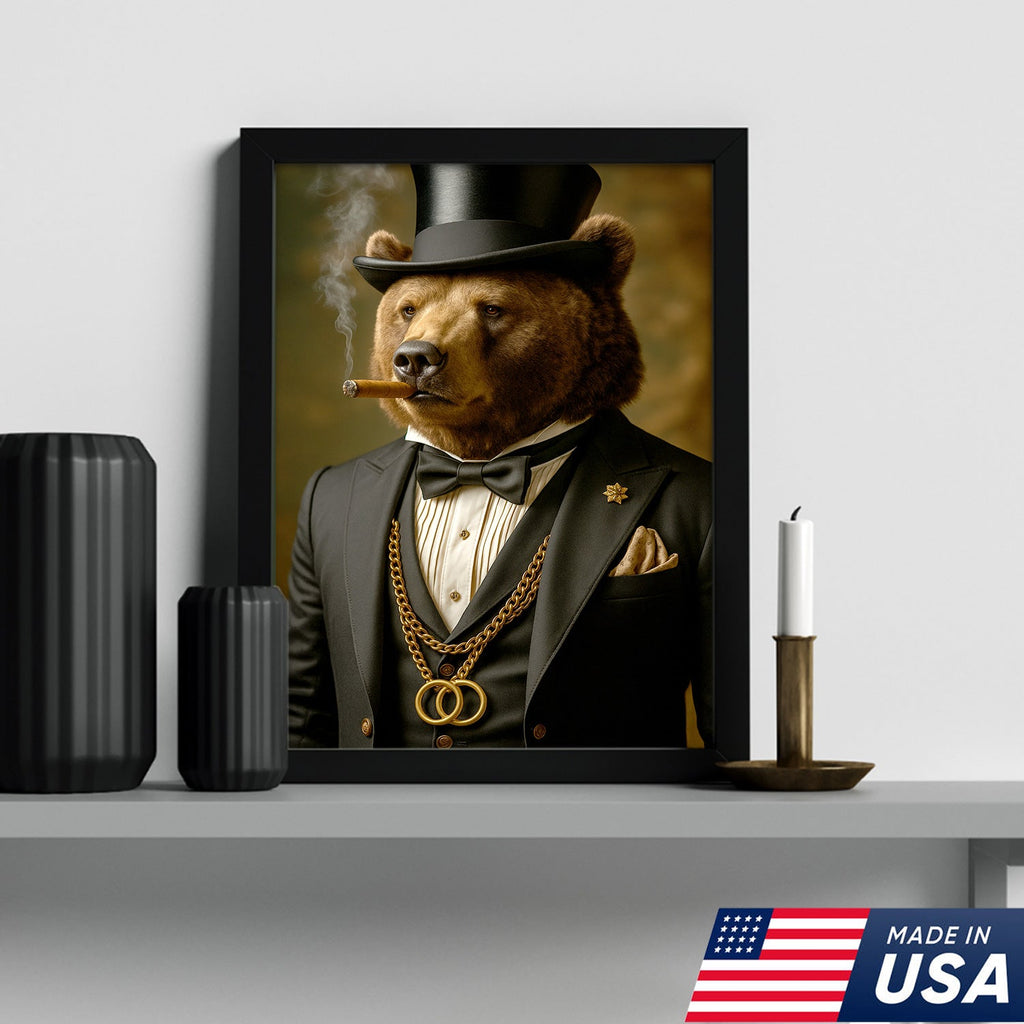 Bear Gentleman Wall Art Canvas – Fancy Suit & Cigar Canvas Print for Home Bar, Man Cave Decor