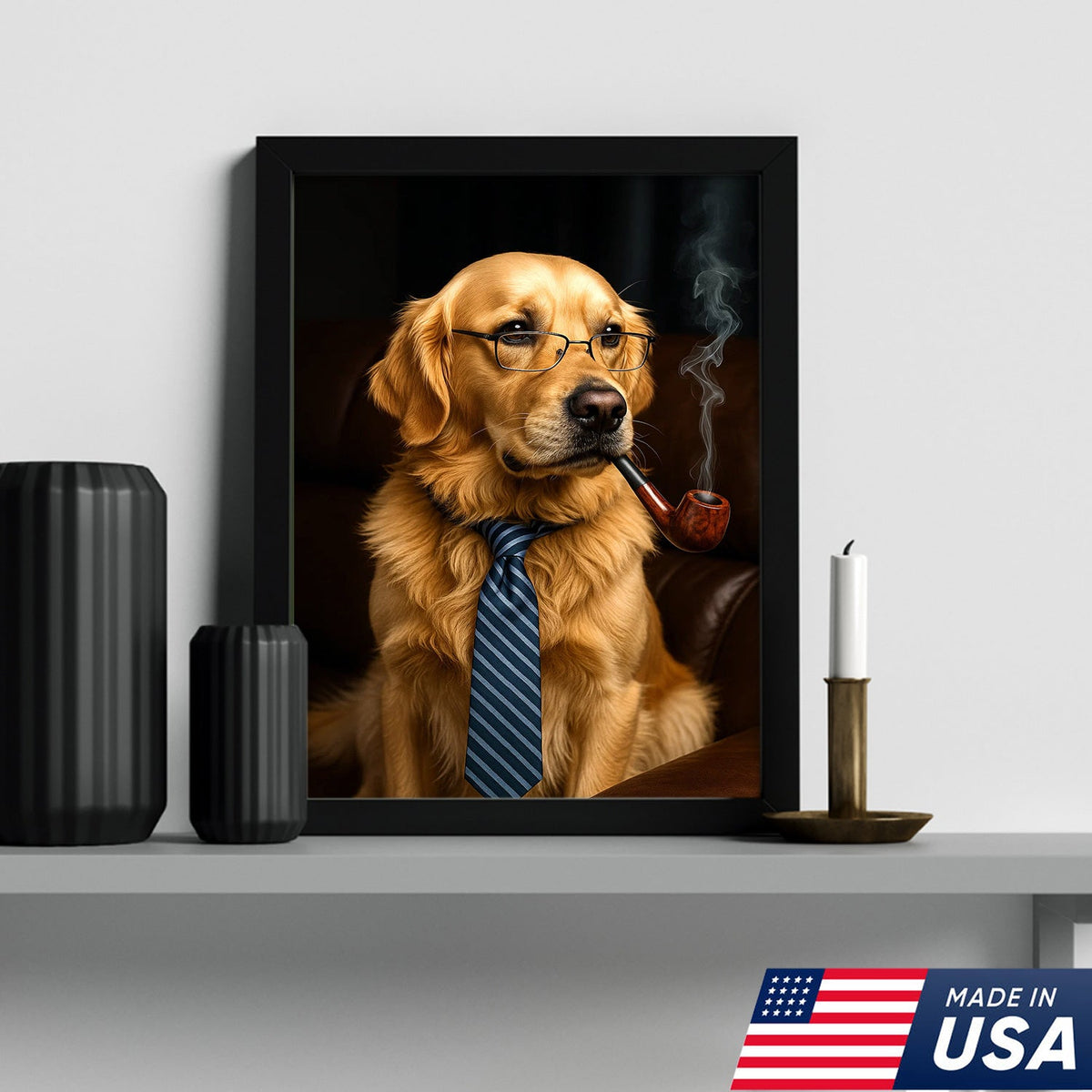 Gentleman Dog Canvas Art – Golden Retriever in Glasses & Tie with Pipe