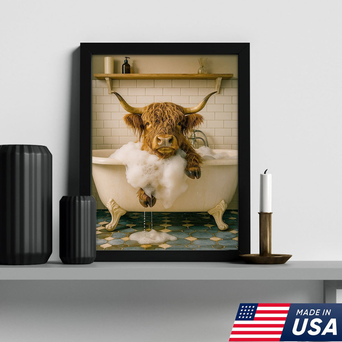 Highland Cow Bubble Bath Canvas Wall Art, Funny Farmhouse Bathroom Decor