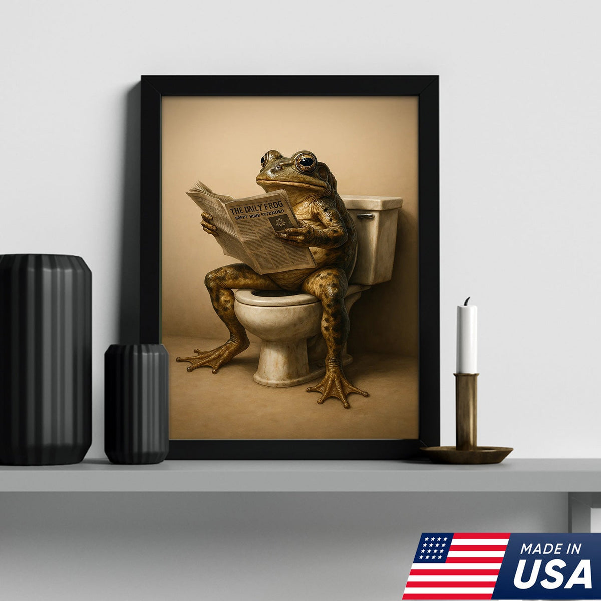 Funny Frog Bathroom Canvas Wall Art, Frog Reading Newspaper on Toilet