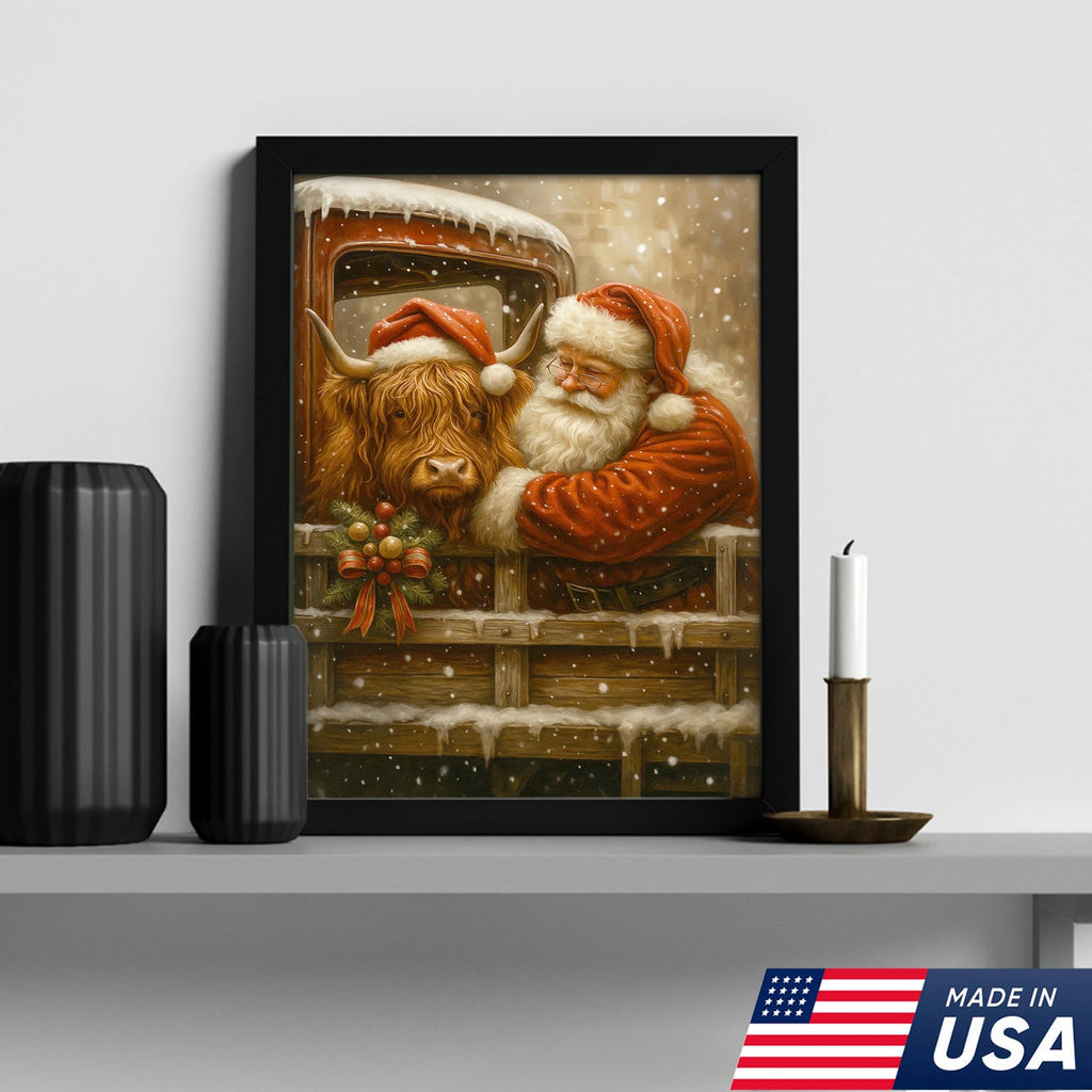 Santa and Highland Cow Christmas Canvas Wall Art, Rustic Farmhouse Holiday Truck Print