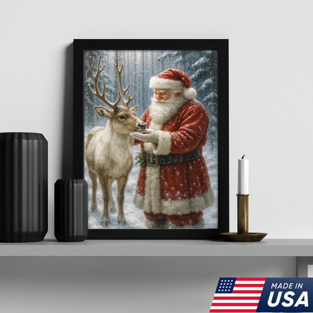 Santa and Reindeer Christmas Canvas Wall Art, Rustic Snowy Forest Holiday Print