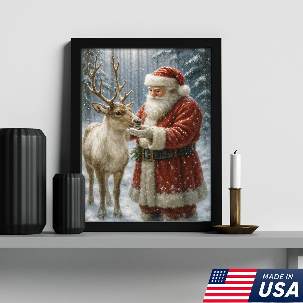 Santa and Reindeer Christmas Canvas Wall Art, Rustic Snowy Forest Holiday Print