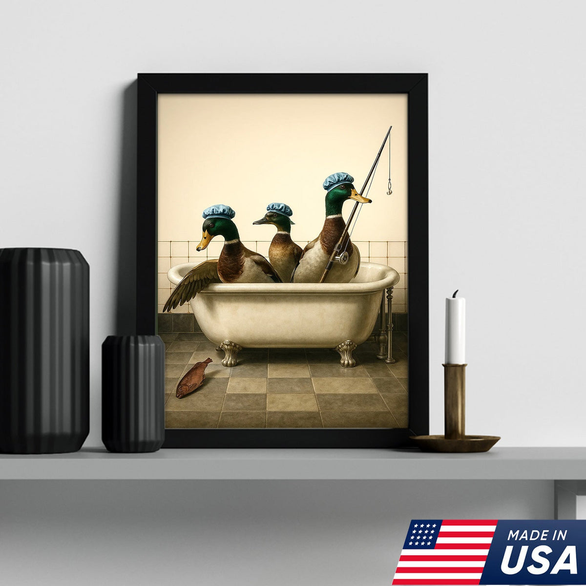 Fishing Ducks Canvas Art – Funny Trio of Ducks in Bathtub with Rod