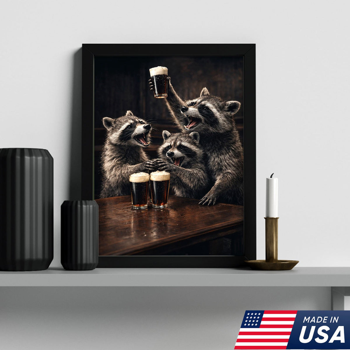 Funny Party Raccoon Wall Art Canvas Print, Wild Friends Celebration Animal Illustration
