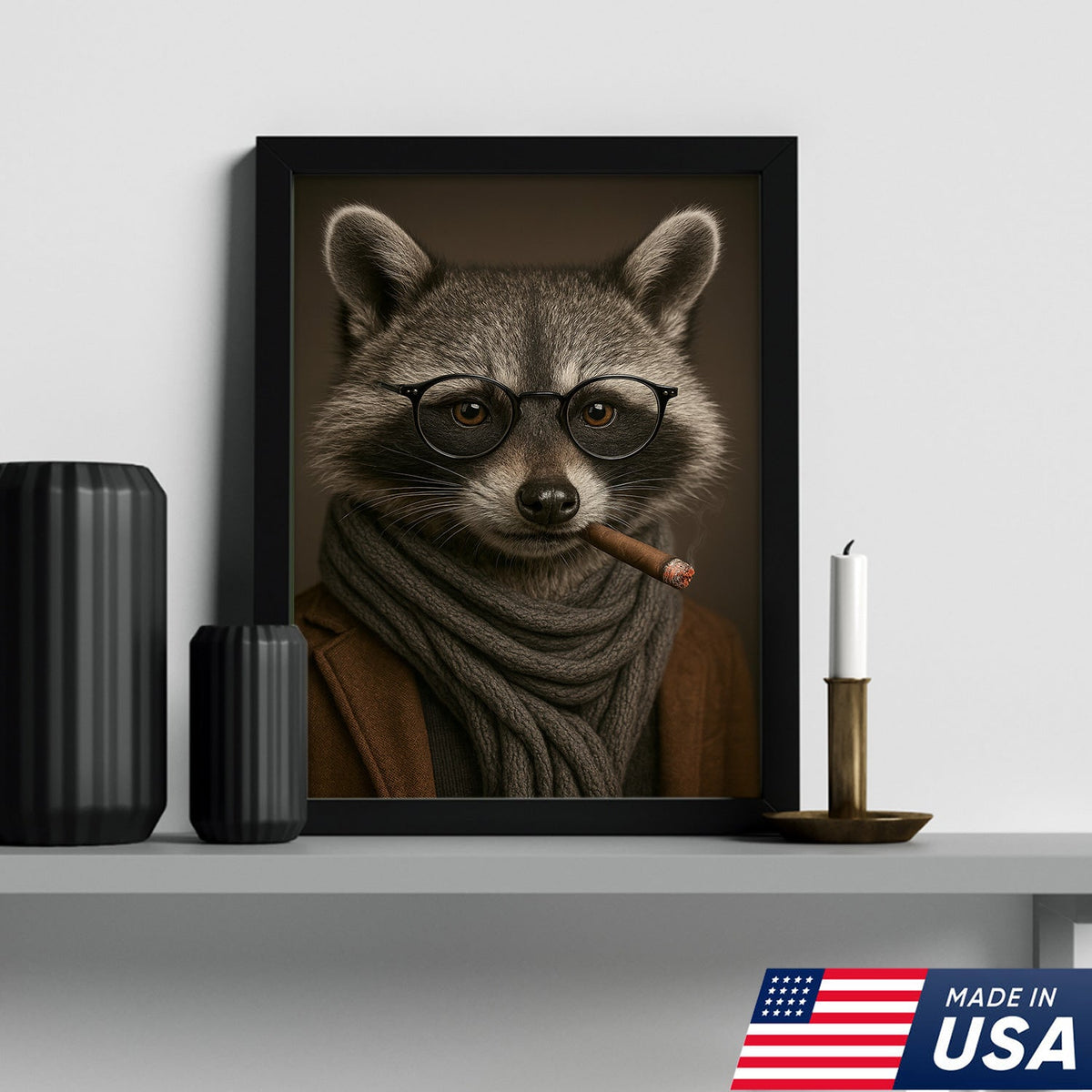 Gentleman Raccoon Cigar Wall Art Canvas – Stylish Animal Portrait for Bar