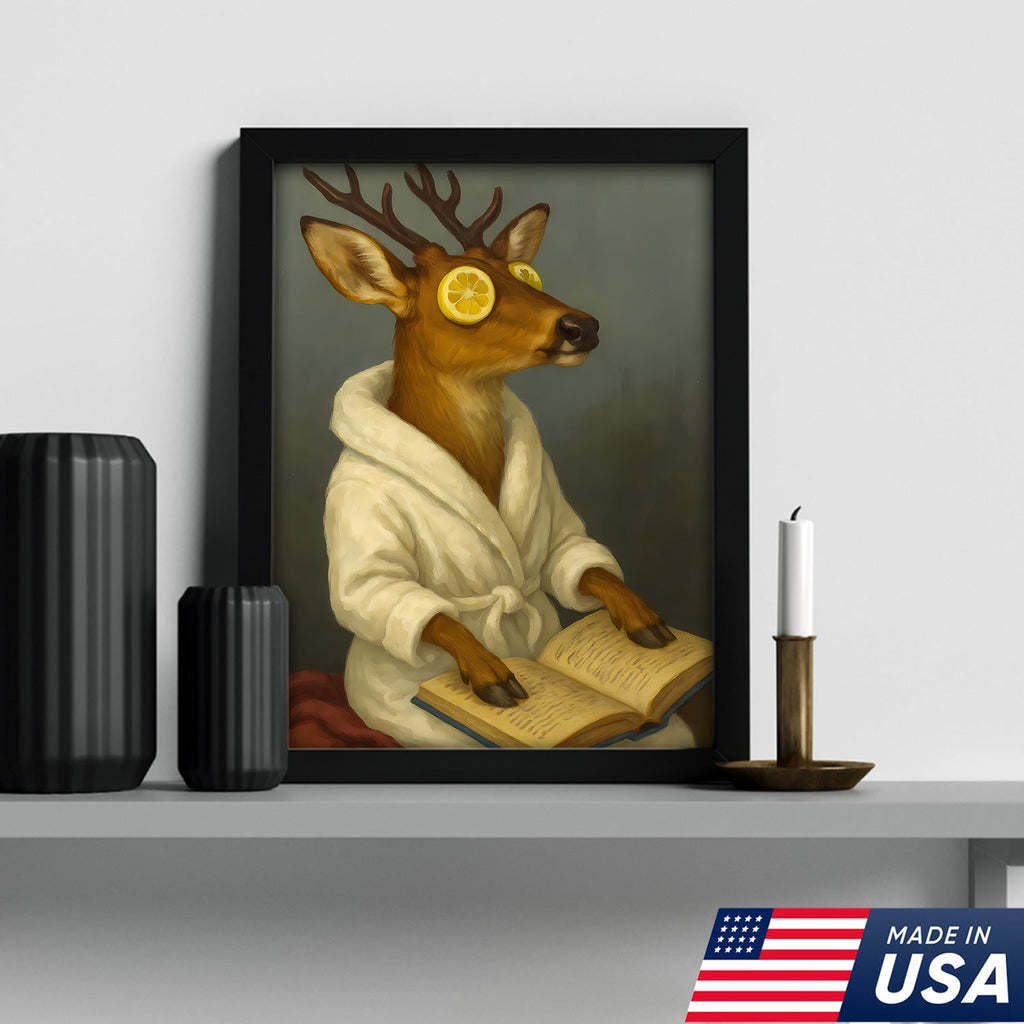 Funny Deer Spa Portrait Wall Art – Relaxing Deer With Lemon Eyes, Whimsical Animal Painting