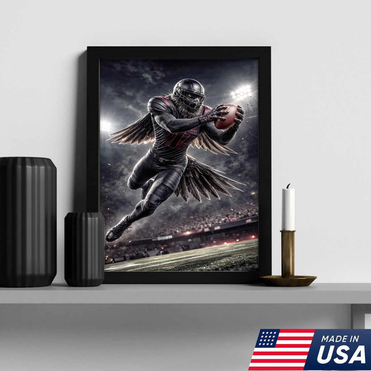 Dark Raven Football Canvas Wall Art – Black Winged Athlete Stadium Action Print