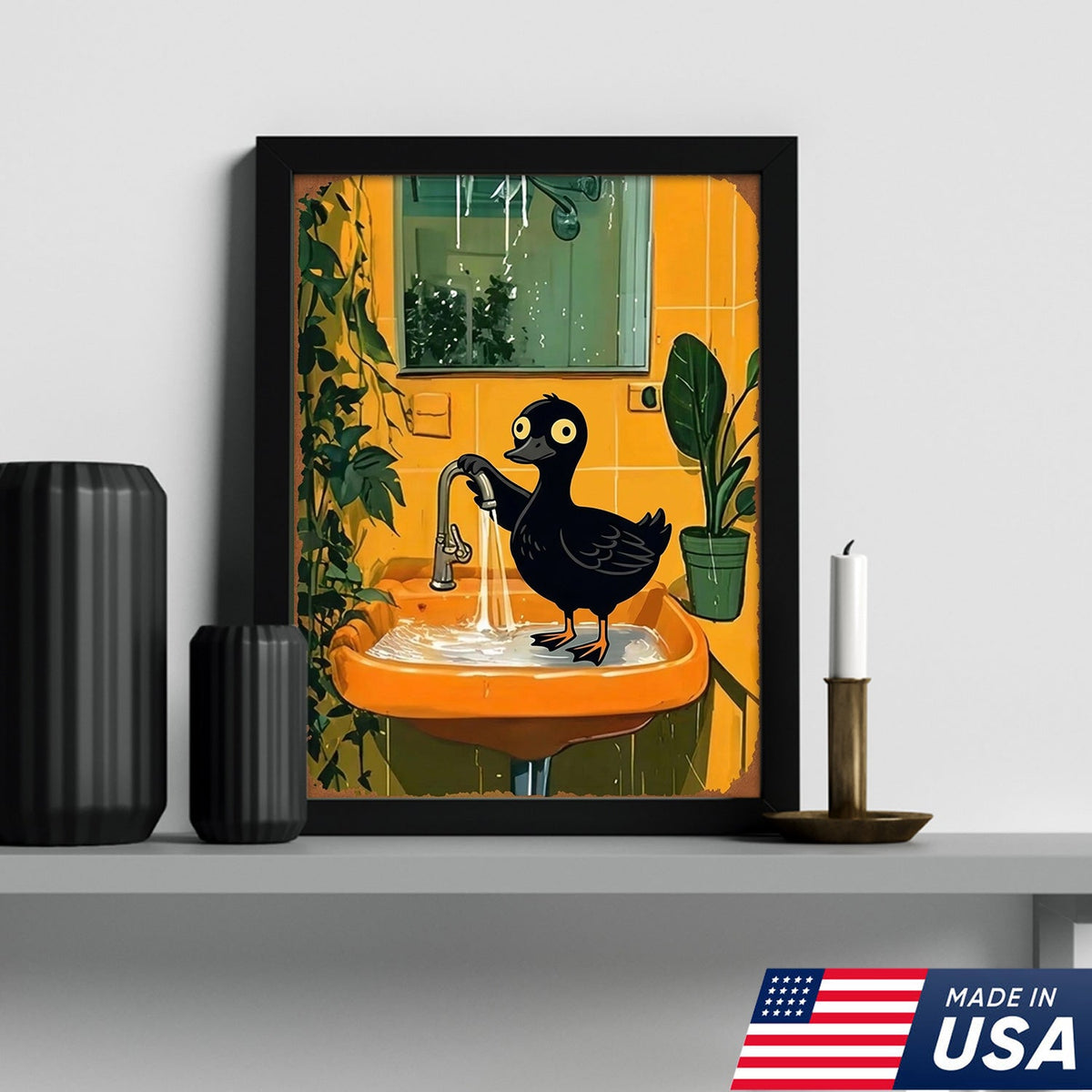 Funny Black Duck Bathroom Canvas Wall Art – Whimsical Bird in Sink Illustration