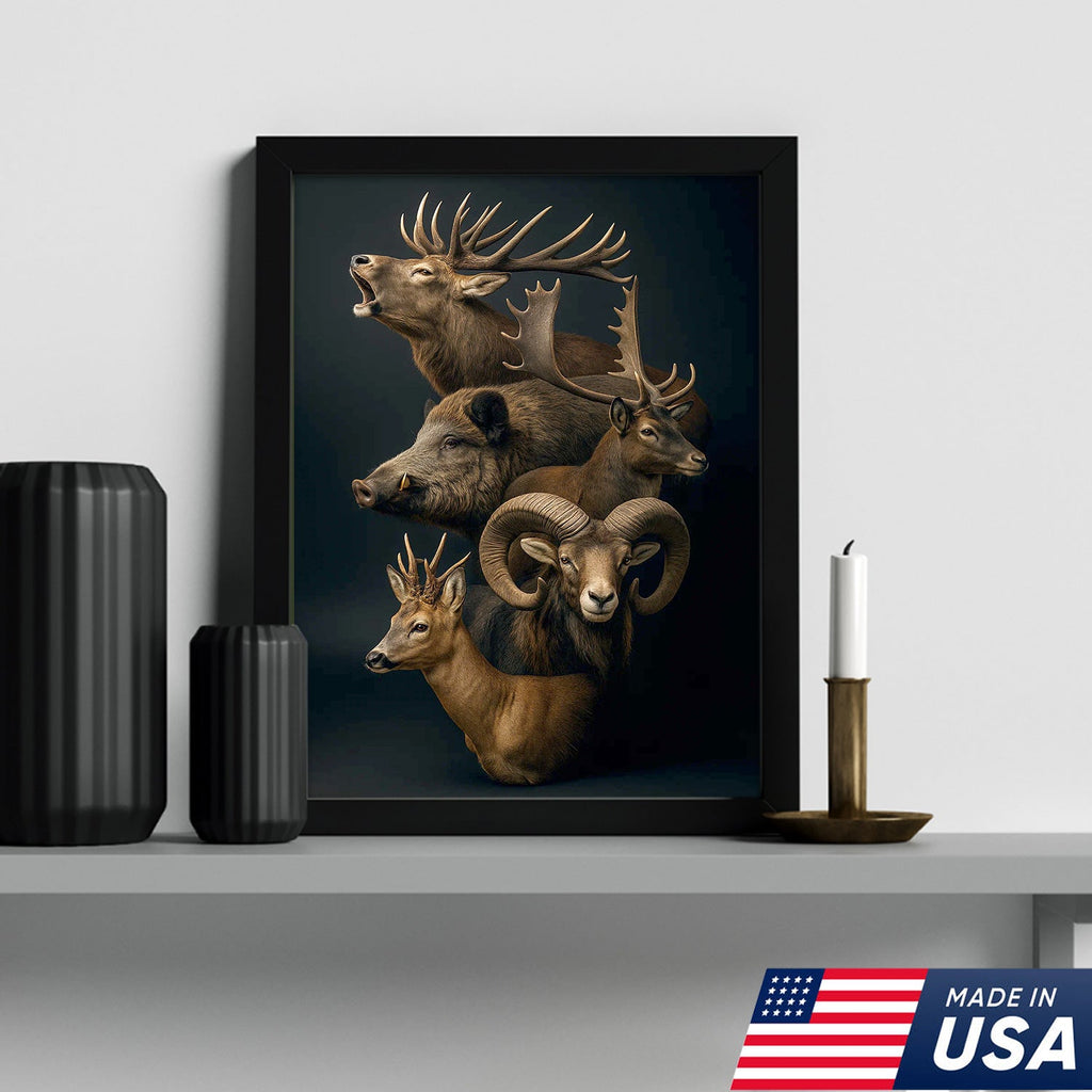 Wild Game Animal Canvas Wall Art, Deer Boar Ram Elk Artwork, Rustic Cabin Decor for Hunters