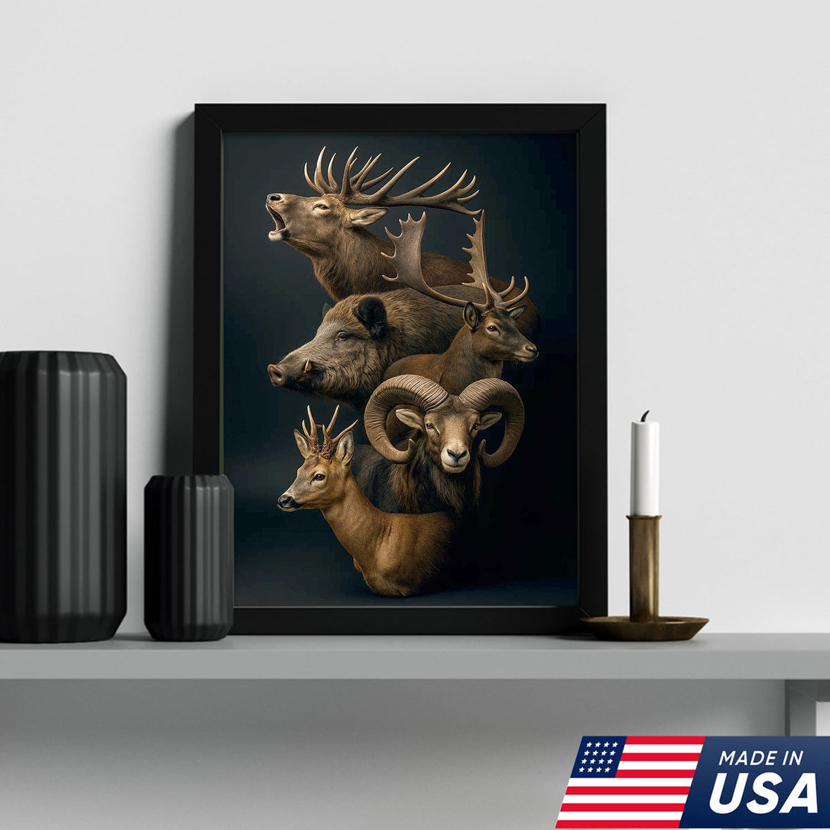 Wild Game Animal Canvas Wall Art, Deer Boar Ram Elk Artwork, Rustic Cabin Decor for Hunters
