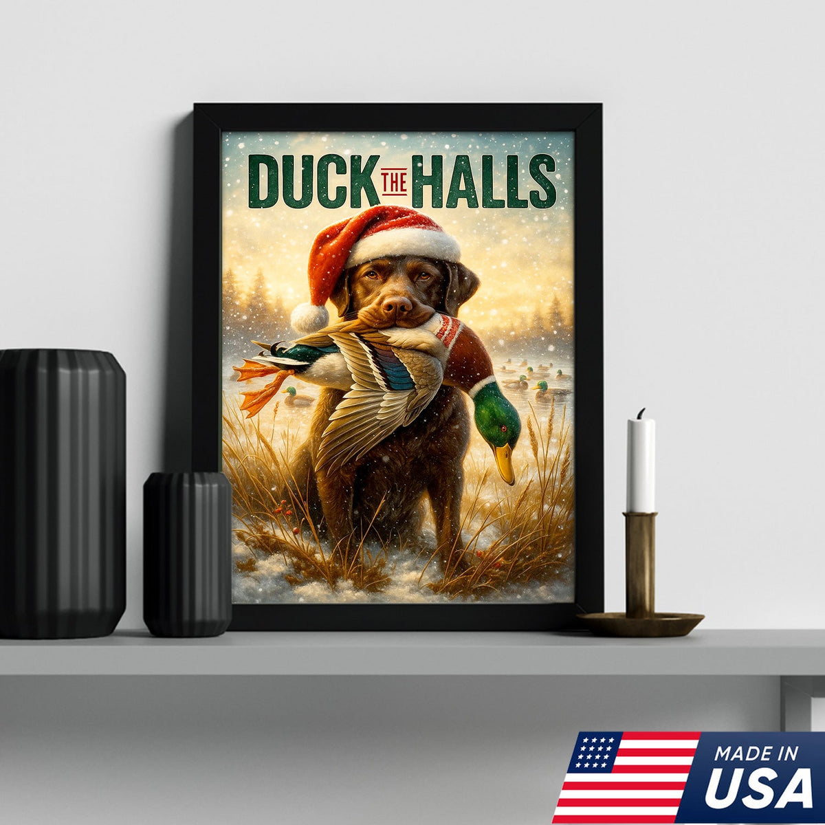 Duck The Halls Christmas Hunting Dog Canvas Art, Funny Holiday Wall Decor for Hunters