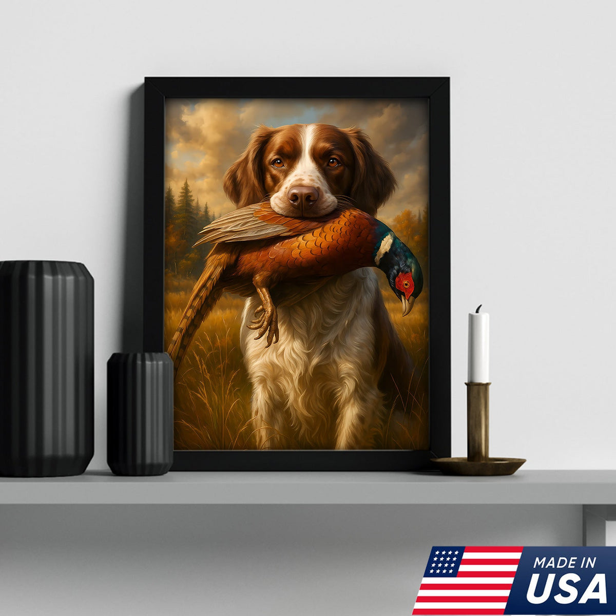 Upland Hunting Dog Canvas Wall Art – Brittany with Pheasant, Rustic Cabin Decor