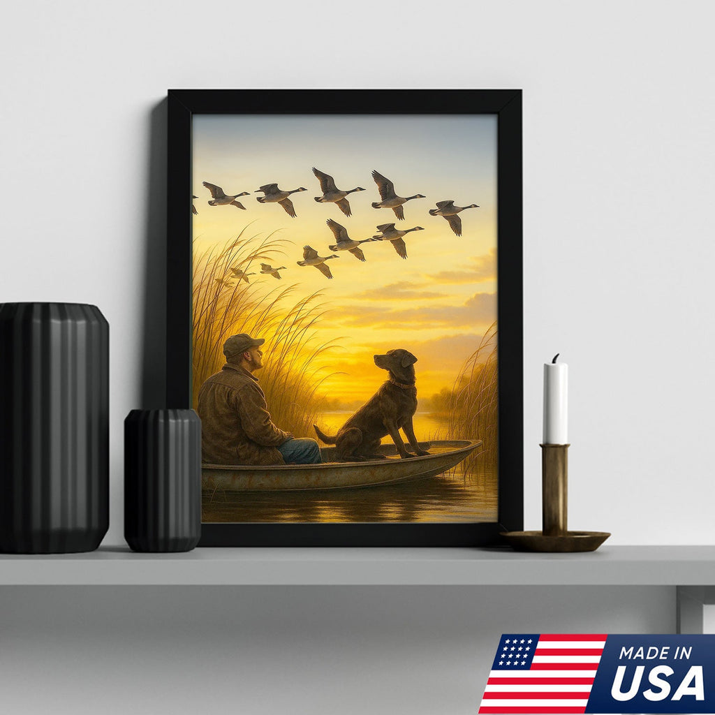 Waterfowl Hunting Wall Art – Duck Flock at Dawn, Hunter & Retriever In Boat, Rustic Decor