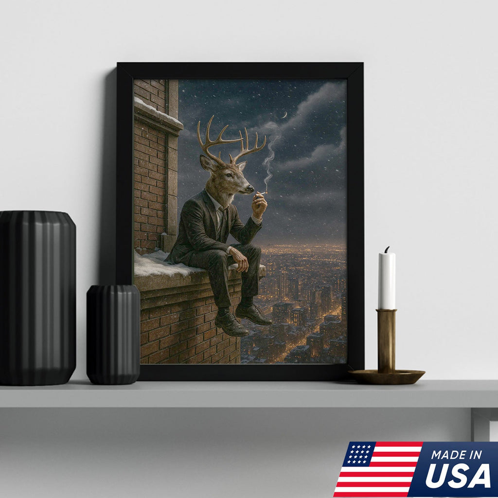 Surreal Deer Man Canvas Wall Art, Anthropomorphic Animal City Night Artwork