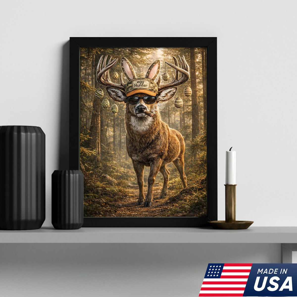 Funny Easter Deer Canvas Wall Art, Cool Egg Hunter Buck with Sunglasses