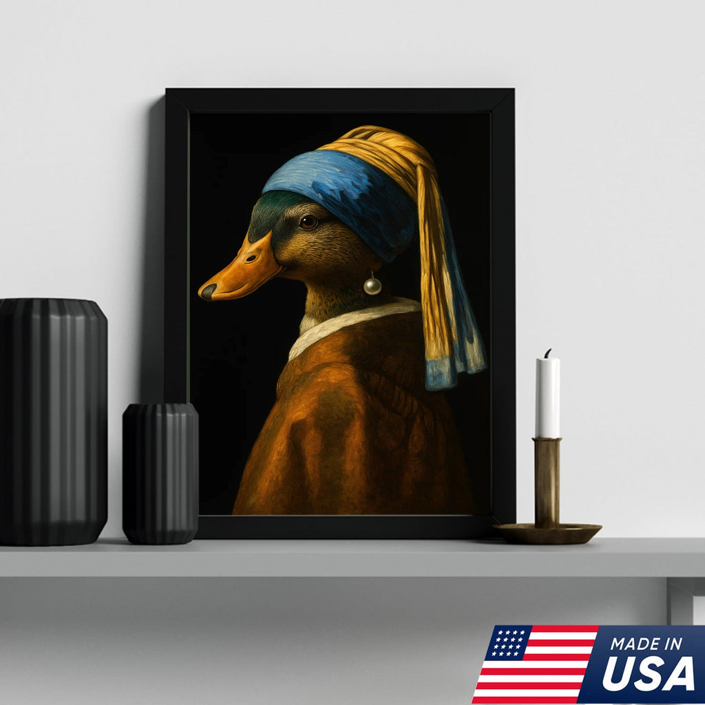 Duck with Pearl Earring Portrait Canvas, Funny Parody Duck Wall Art