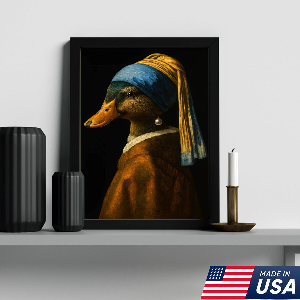 Duck with Pearl Earring Portrait Canvas, Funny Parody Duck Wall Art