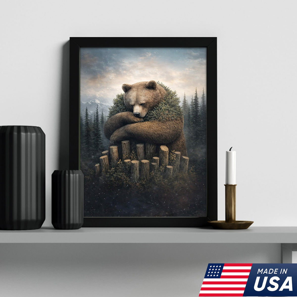 Gentle Bear Forest Canvas Wall Art, Whimsical Nature Bear Illustration