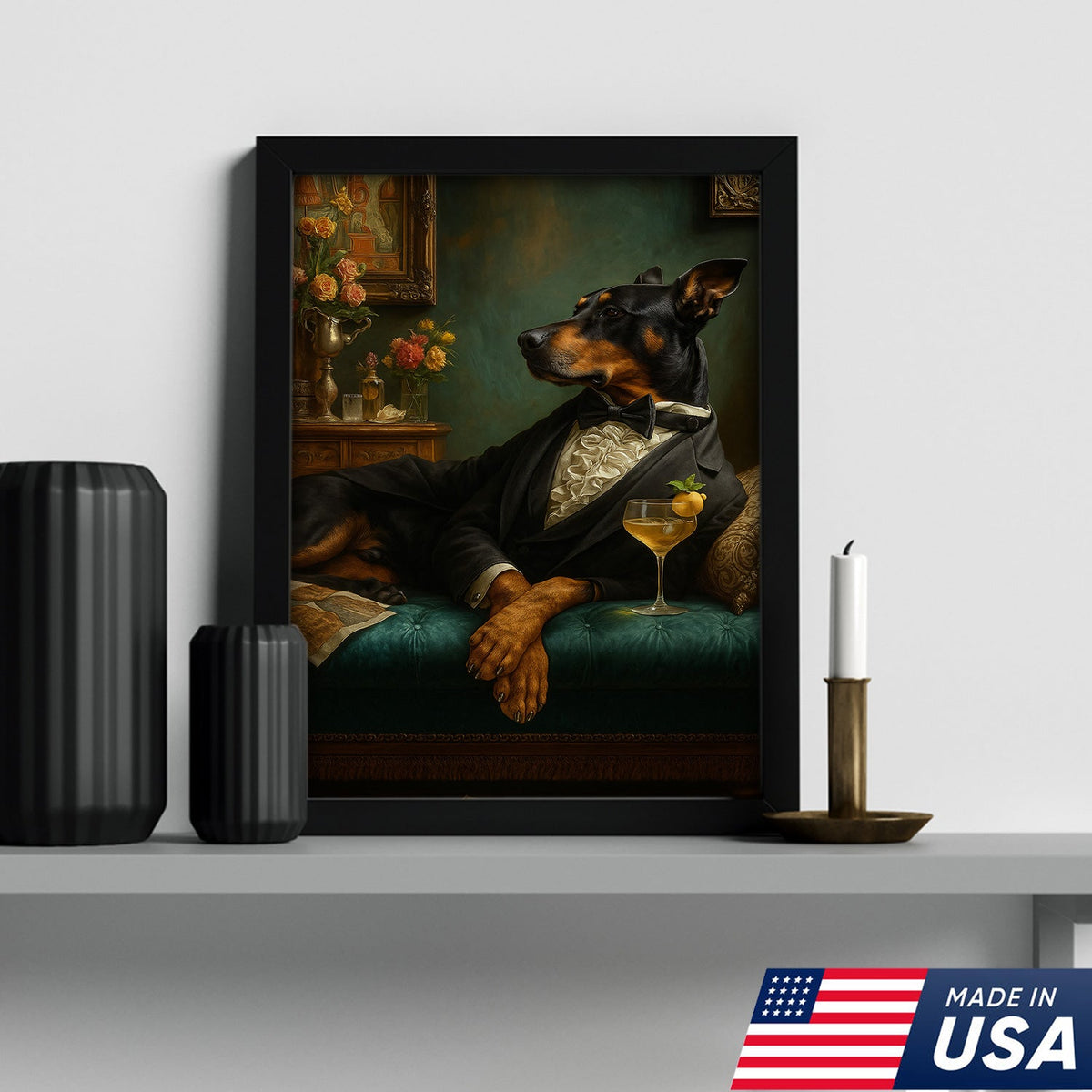 Elegant Doberman Gentleman Wall Art Canvas – Vintage Dog Portrait for Home Bar