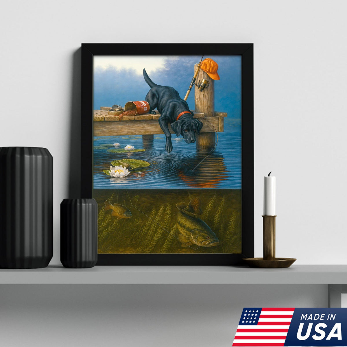 Black Lab Fishing Dock Canvas Wall Art, Lake House Decor, Bass Fish Underwater Split View