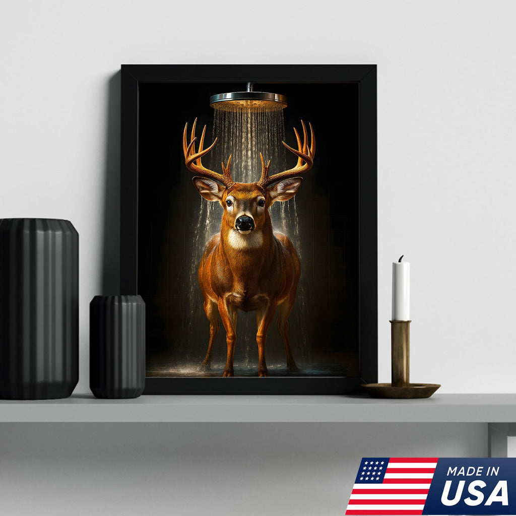 Funny Deer Shower Canvas Wall Art, Whimsical Buck Bathroom Decor