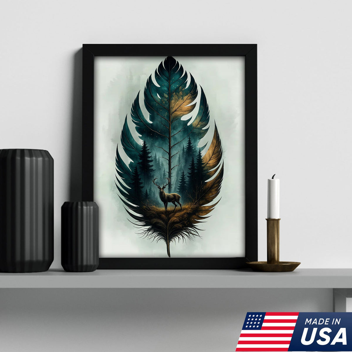 Rustic Deer And Feather Canvas Wall Art – Nature Forest Wildlife Print – Cabin & Lodge Hunting Decor