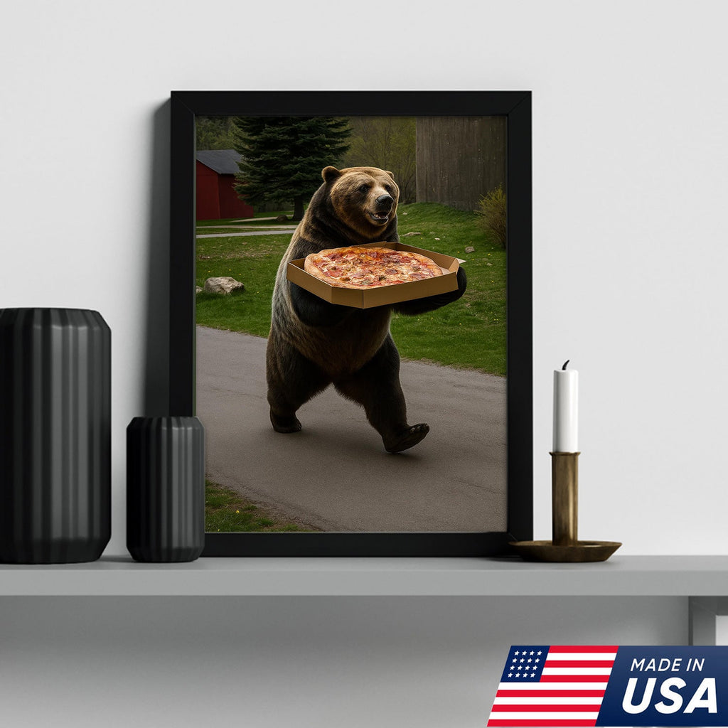 Funny Bear Pizza Canvas Wall Art, Humorous Kitchen Foodie Decor Print