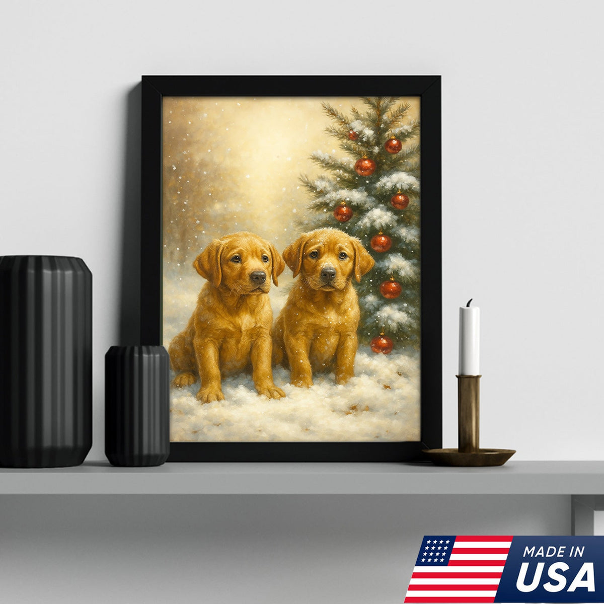 Christmas Golden Puppies Canvas Wall Art – Cute Labrador Dog Holiday Canvas Print