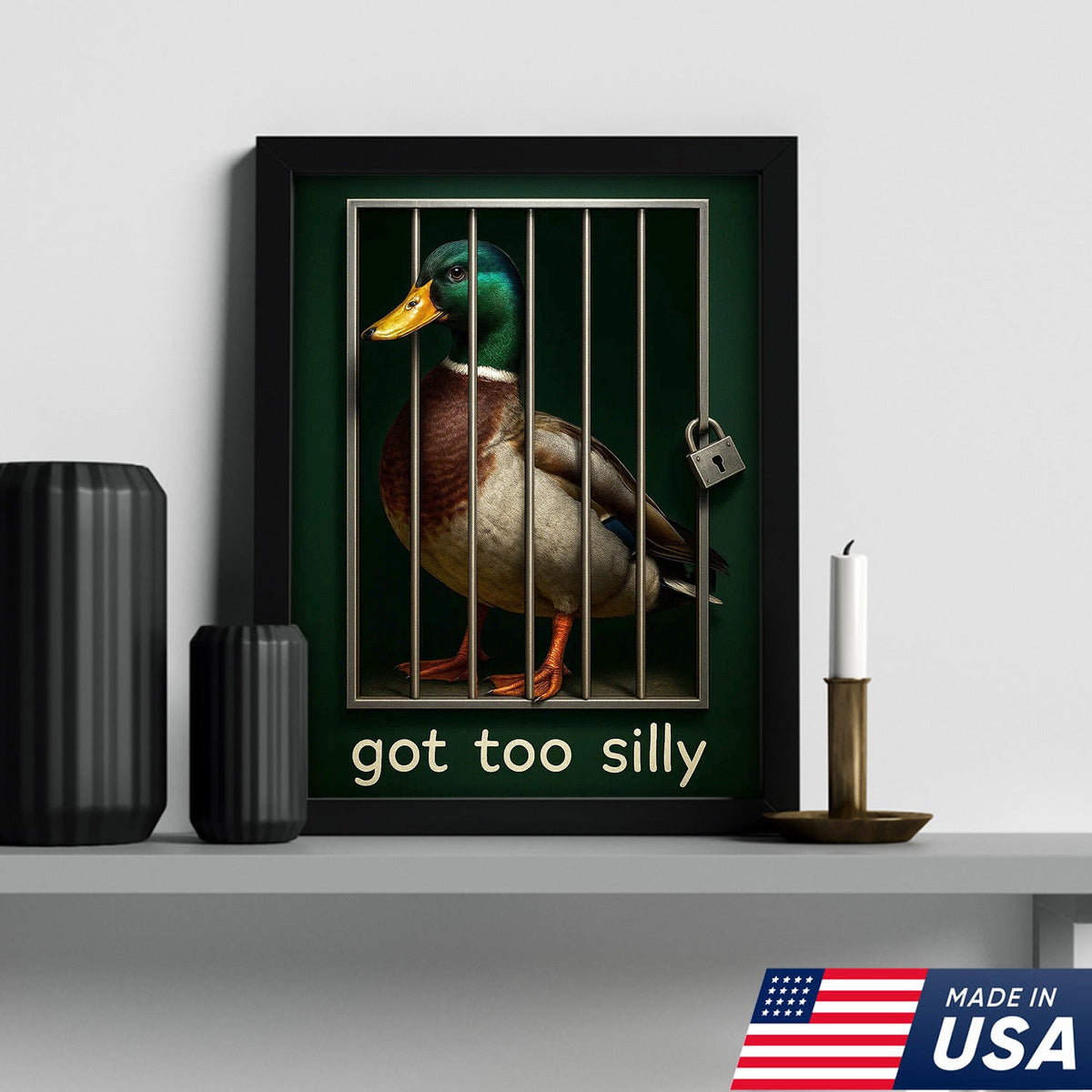 Silly Duck Canvas Wall Art – Funny Mallard Jail Print – Unique Rustic Cabin or Bathroom Decor