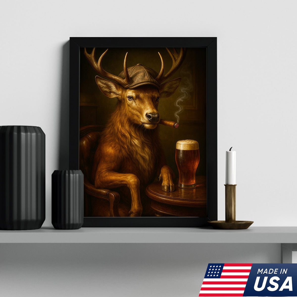 Classy Deer Smoking Cigar Canvas – Rustic Beer Lover Wall Art for Cabin & Man Cave