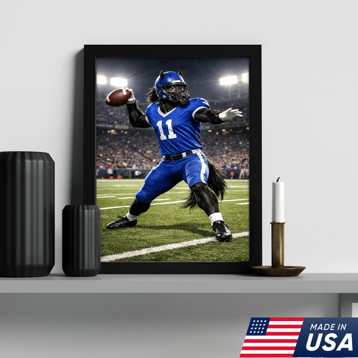 Power Stallion Quarterback Canvas Wall Art – Blue Uniform Horse Athlete Action Print