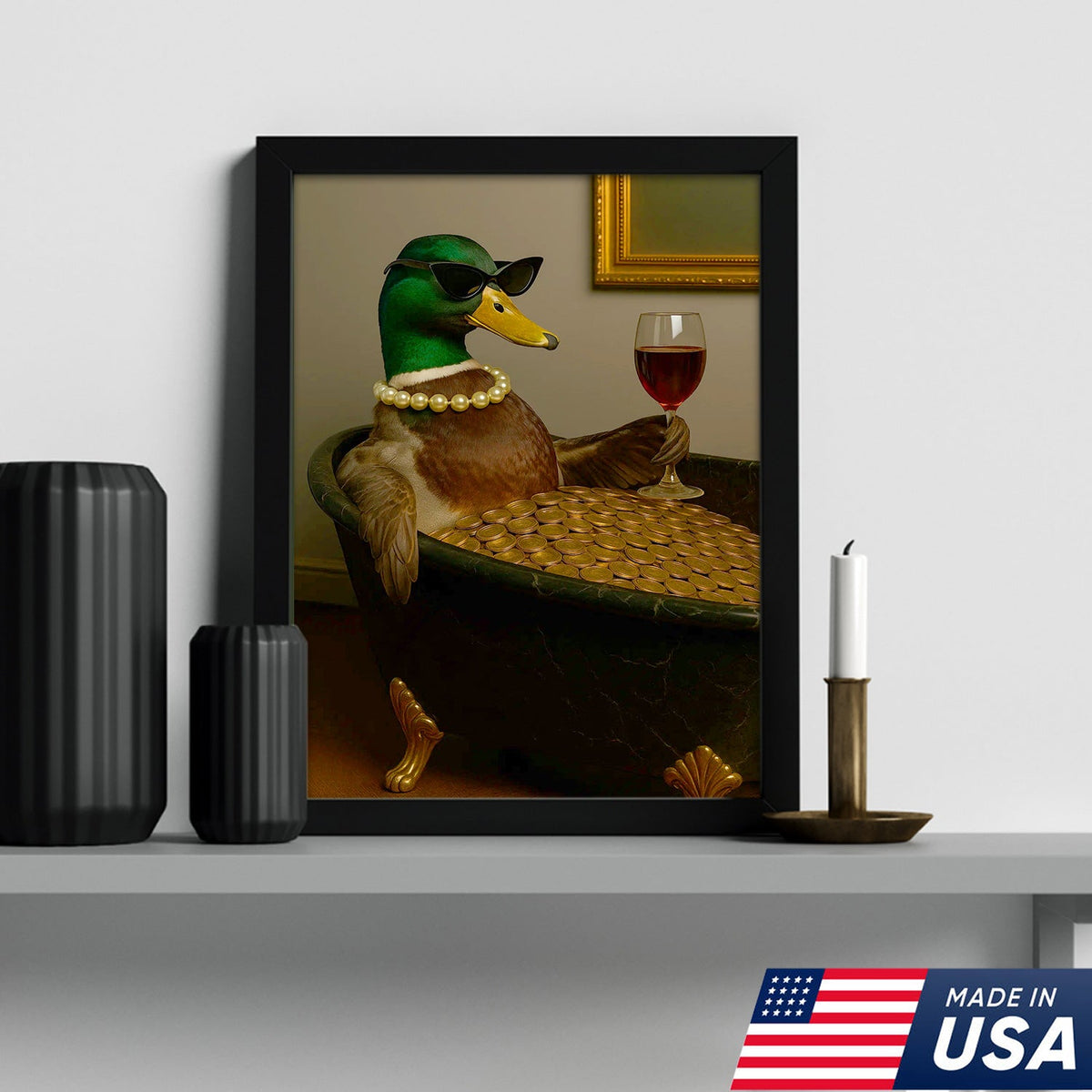 Luxury Duck Canvas Art – Funny Rich Duck in Gold Bathtub, Glam Animal Portrait Wall Decor