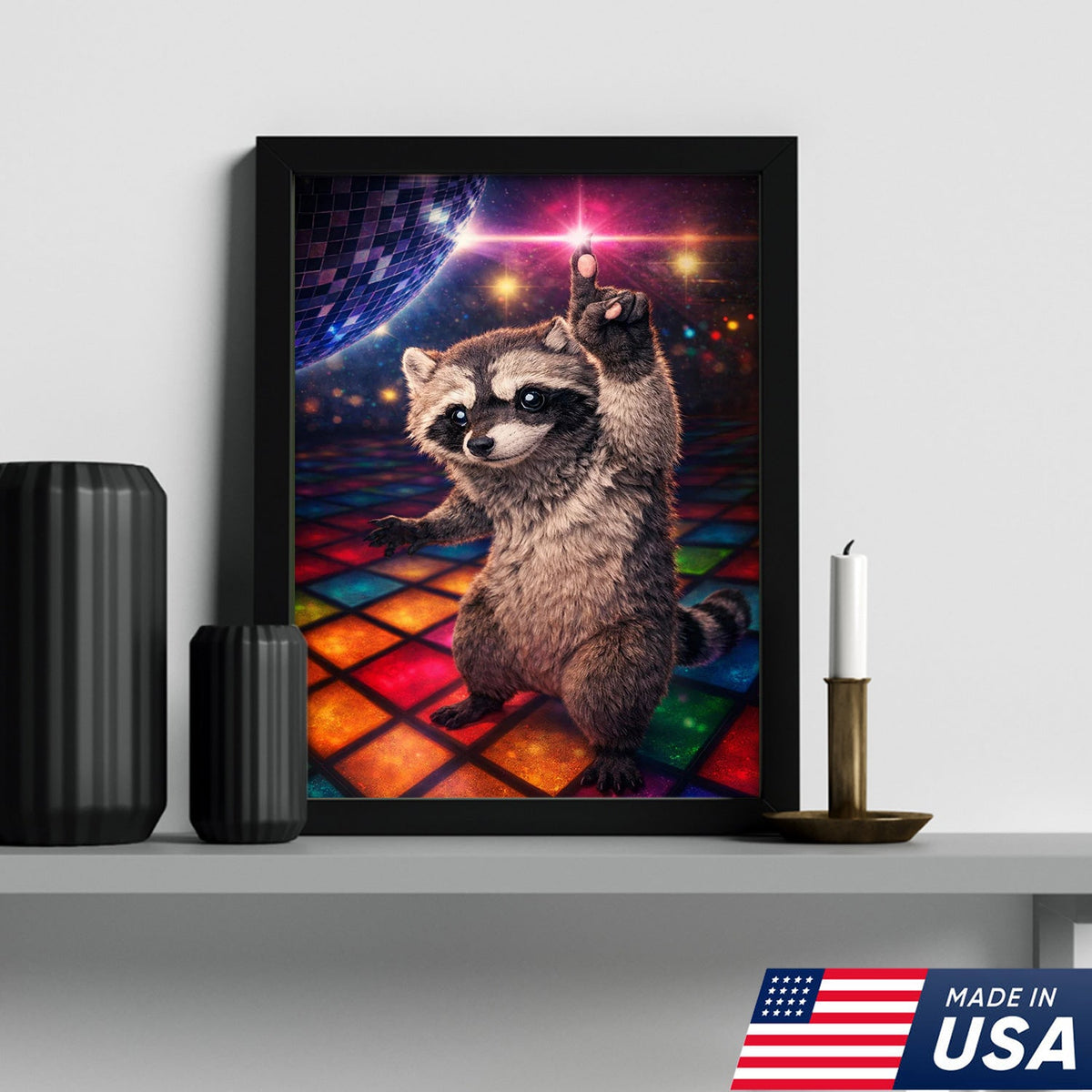 Disco Raccoon Wall Art Canvas Print, Funny Dancing Animal Illustration