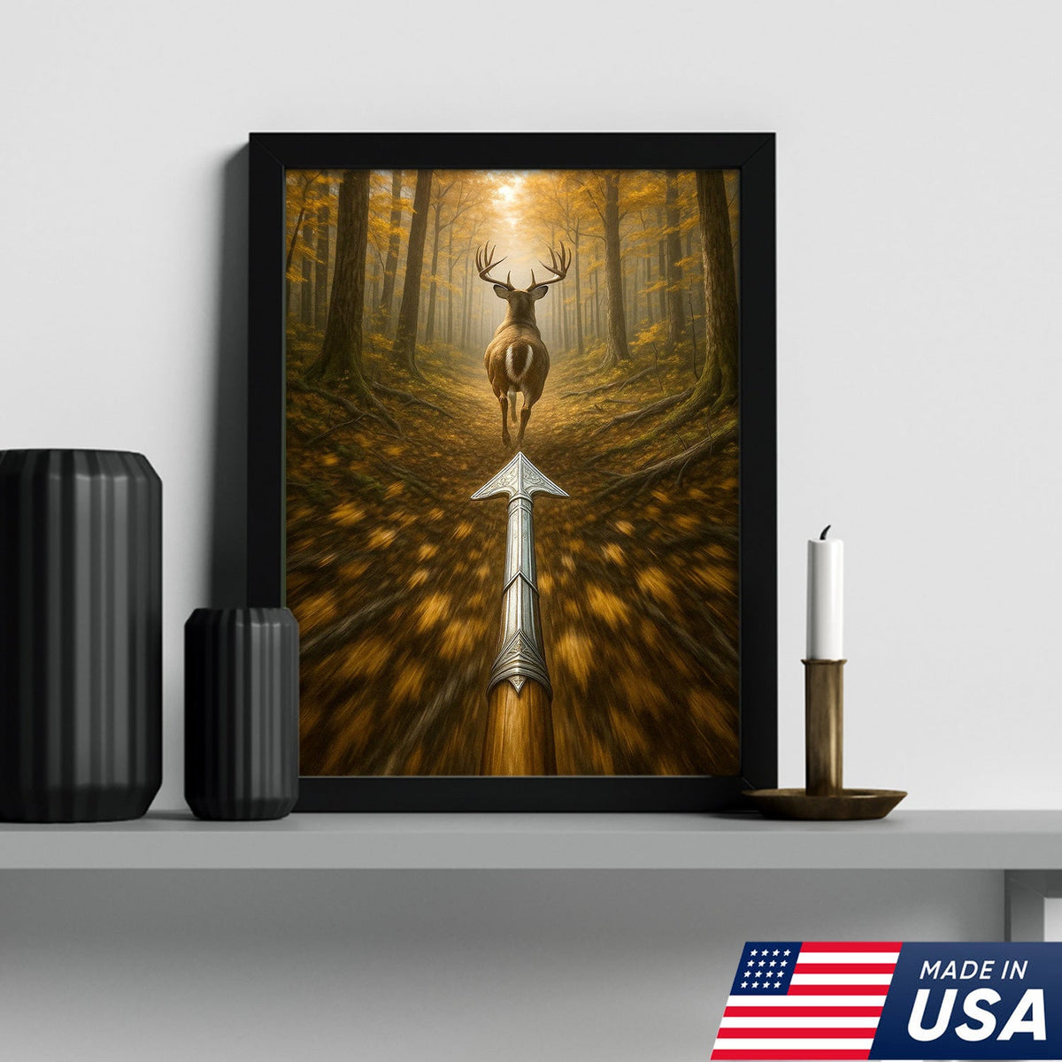 Deer Bow Hunting Canvas Wall Art, Arrowhead Forest Scene Artwork, Rustic Cabin Decor for Hunters