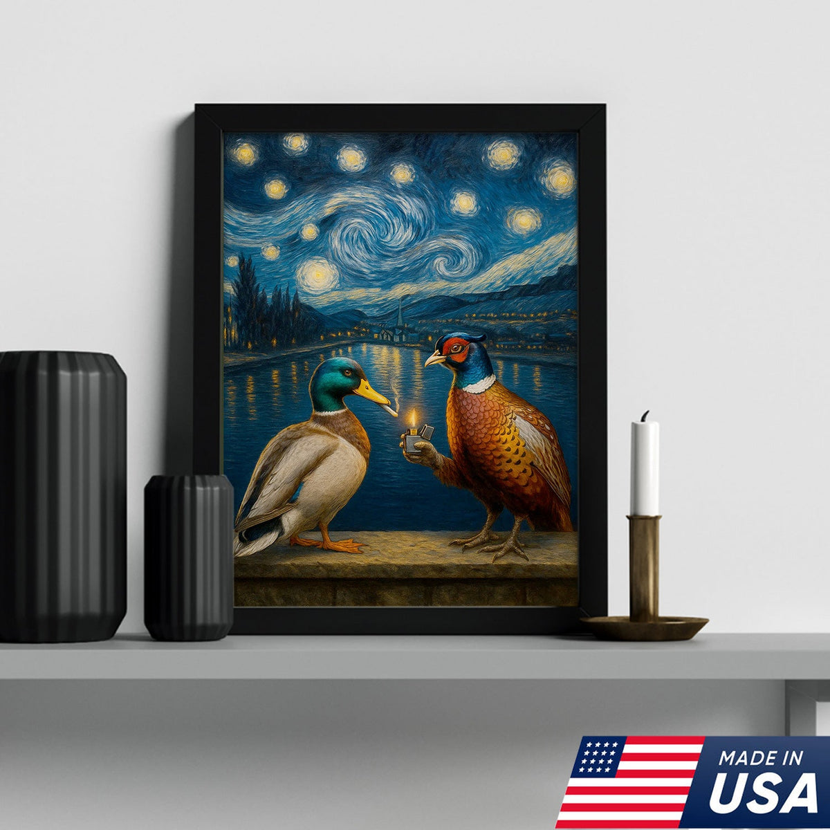 Starry Night Duck and Pheasant Canvas Wall Art, Van Gogh Inspired Wildlife Painting