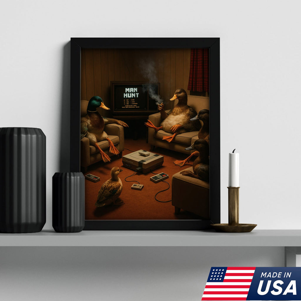 Funny Duck Hunter Retro Canvas Wall Art– Man Hunt Vintage Game Room Wall Art for Hunters