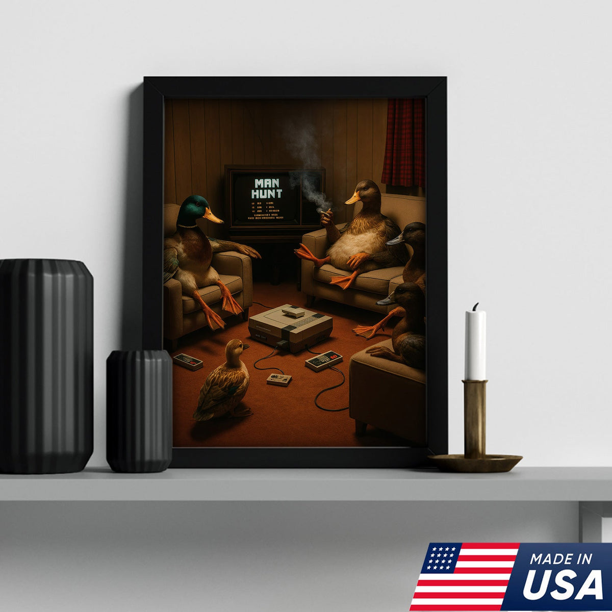 Funny Duck Hunter Retro Canvas Wall Art– Man Hunt Vintage Game Room Wall Art for Hunters