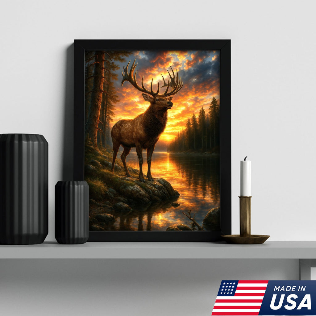 Majestic Elk at Sunset By The Lake Canvas– Wildlife Wall Art for Cabin, Lodge & Nature Lovers