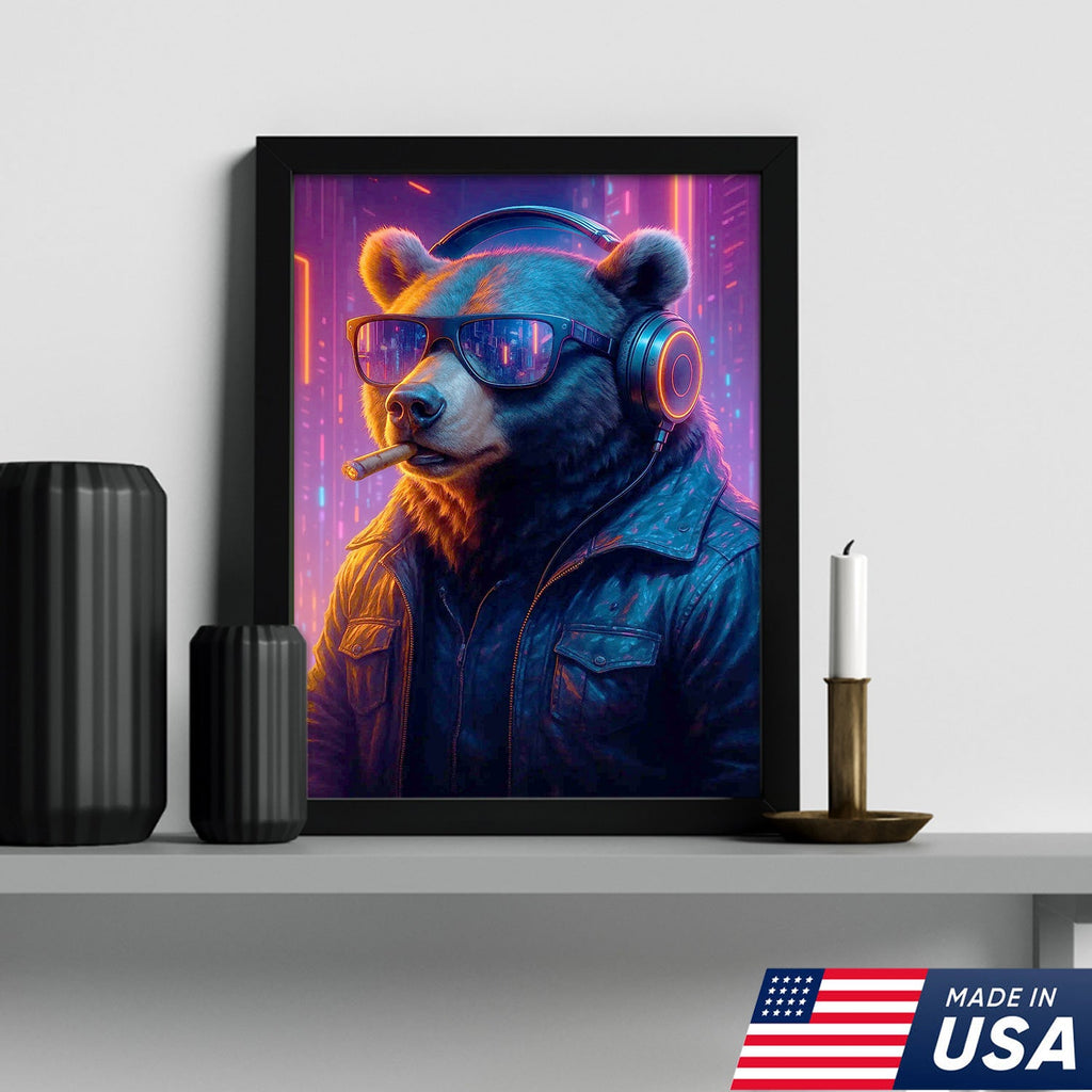 Cyberpunk Bear Wall Art Canvas, Cool DJ Bear with Headphones Neon City Decor