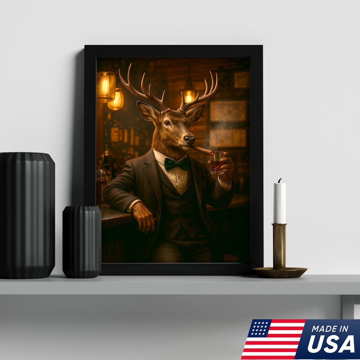 Deer Gentleman Wall Art – Classy Drinking & Smoking Canvas for Bar, Lodge & Man Cave Decor
