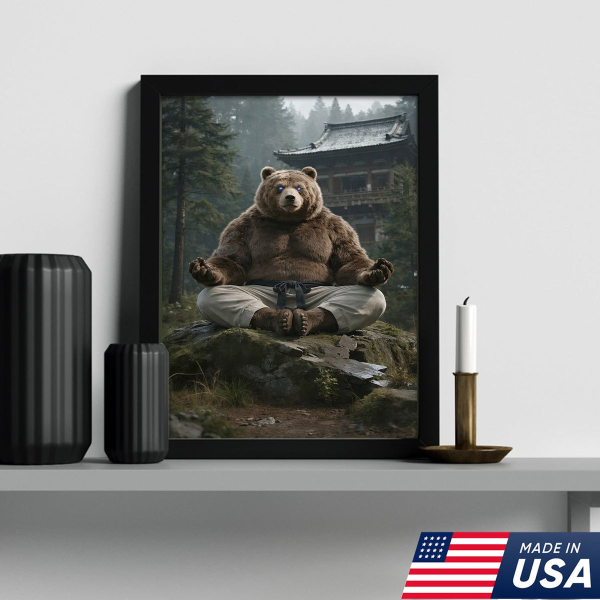 Zen Meditating Bear Canvas Wall Art, Martial Arts Bear in Forest Temple