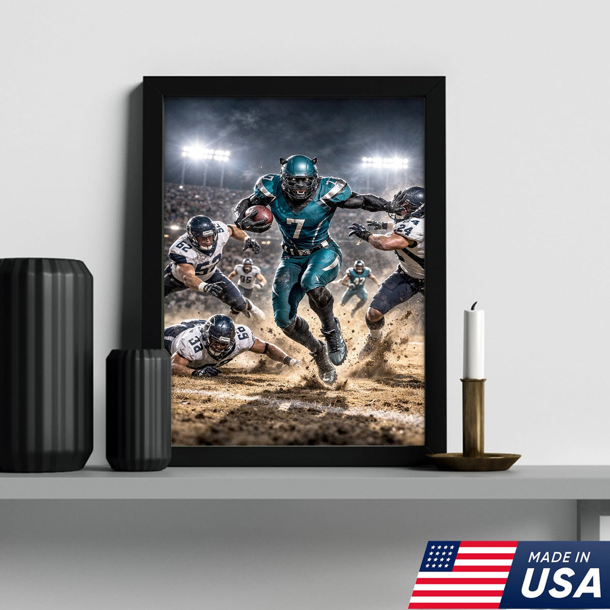 Black Panther Football Canvas Wall Art – Intense Stadium Action Sports Print